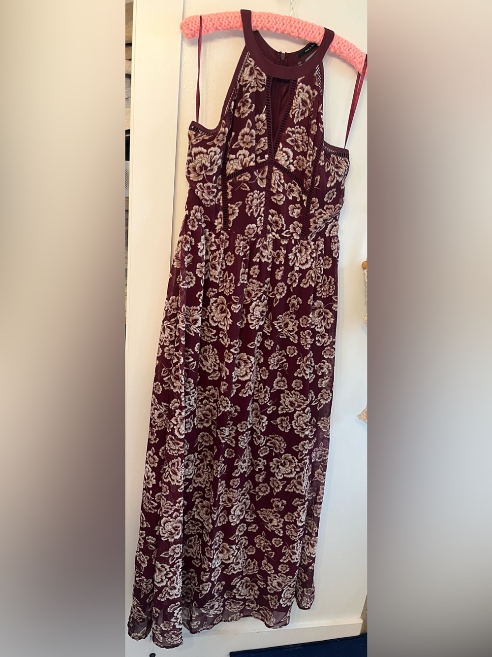 Doe & Rae maroon floral maxi dress with cut out lace trim
